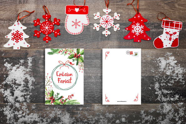 Christmas background with ornaments on wooden board